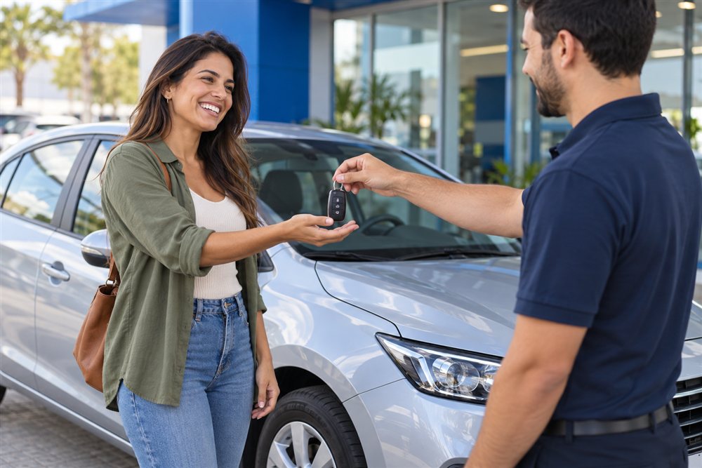 Cliente recebendo a chave de um carro alugado